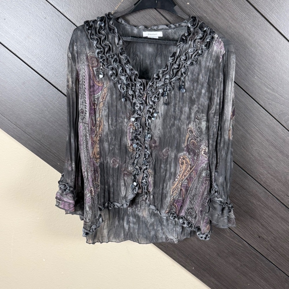 Dressbarn Women's XL Gray Purple Paisley Ruffle Beaded Blouse Y2K Whimsigoth